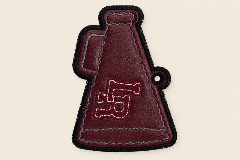 Maroon cheer megaphone bag tag with an outlined LR logo and stitched trim