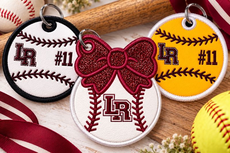 Three embroidered baseball and softball bag tags with the LR team logo, one with a jersey number and one topped with a glitter bow