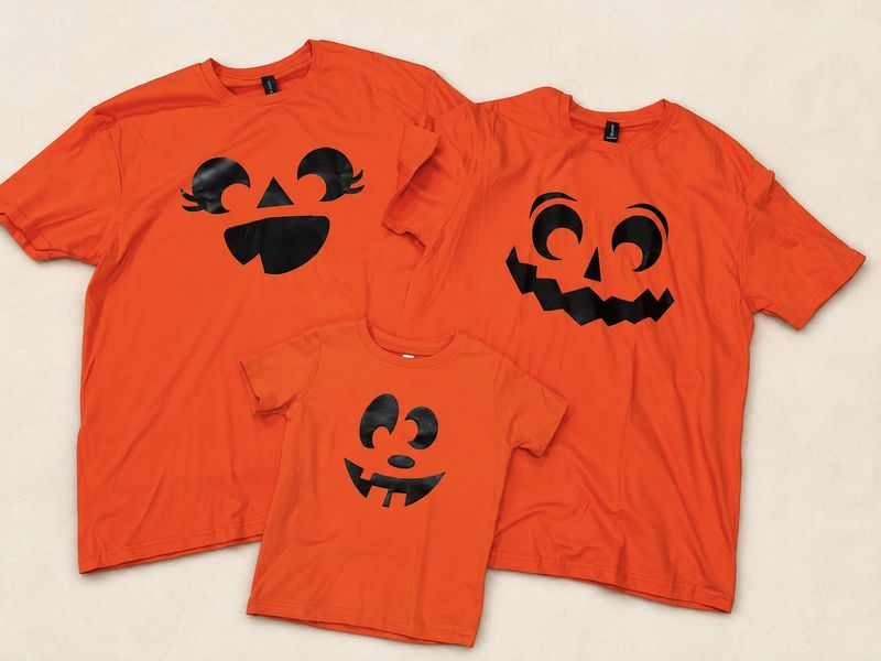 Matching orange jack-o'-lantern face shirts for two adults and a toddler