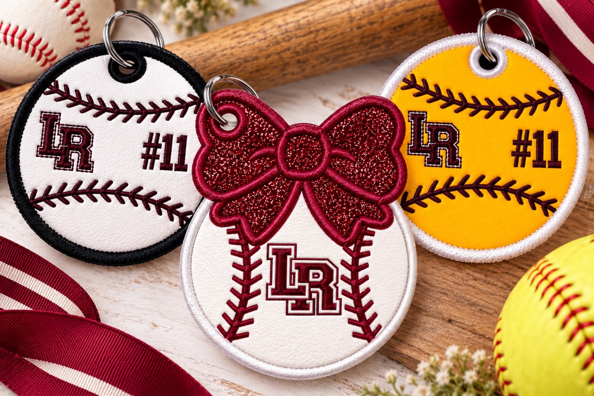 Three embroidered baseball and softball bag tags with the LR team logo, one with a jersey number and one topped with a glitter bow